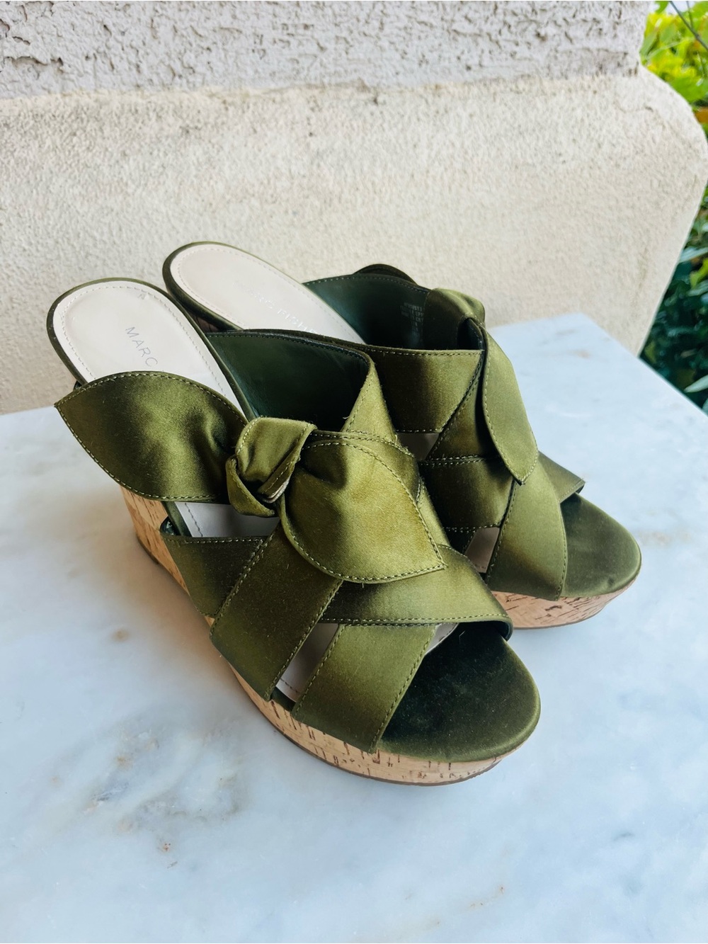 Marc Fisher green satin wedge sandals 11